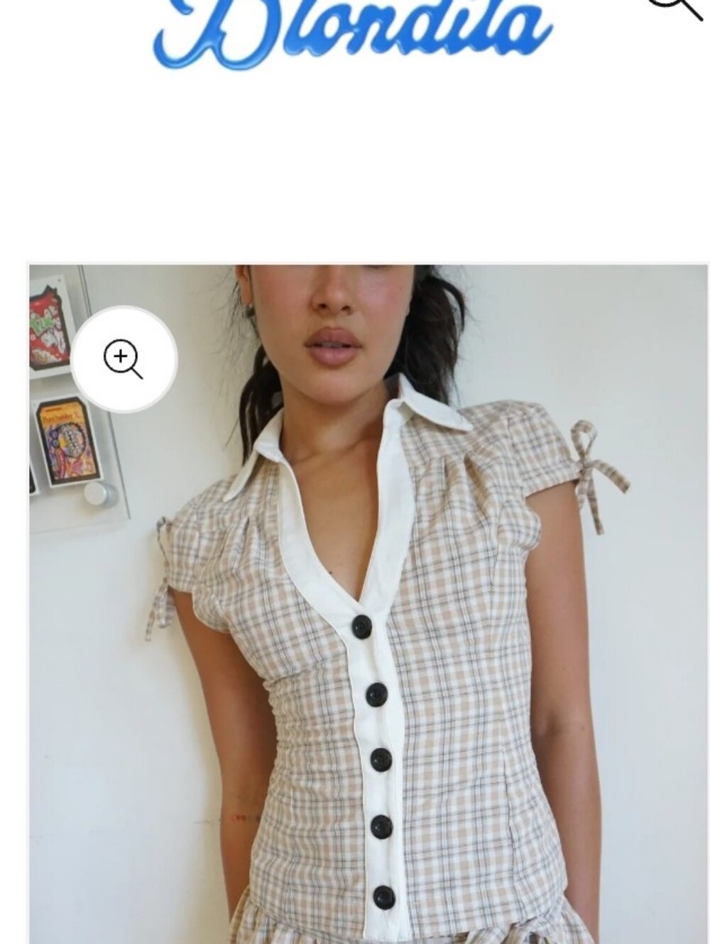 Button-Front Plaid Cap-Sleeve Shirt with Contrast Trim